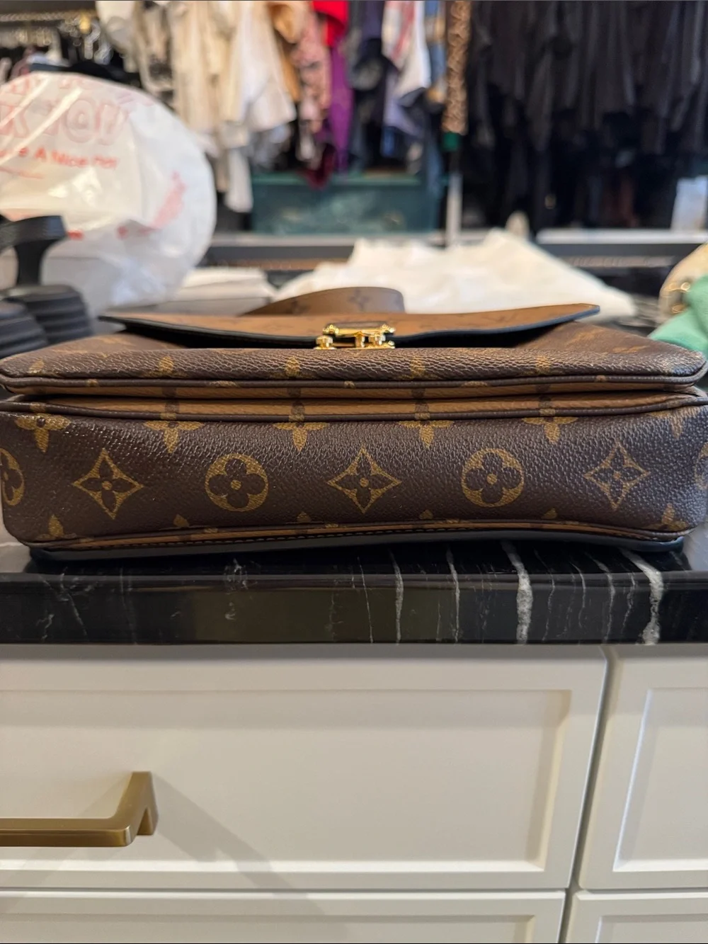 Louis Vuitton Brown/Tan Monogram Reversible Satchel with Gold Hardware